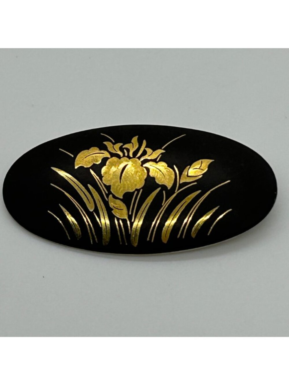 Vintage Japanese Damascene Brooch Gold-tone Inlay Black Oval Iris Flower Pin - Picture 7 of 10